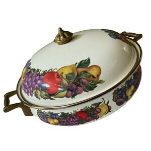 Cornucopia Enamel Cooking Dutch 10” Oven Pot Lid Fruit Design Brass Trim Cottage